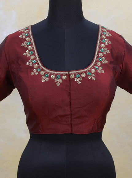 Silk readymade blouse maroon with zardosi work and back knot