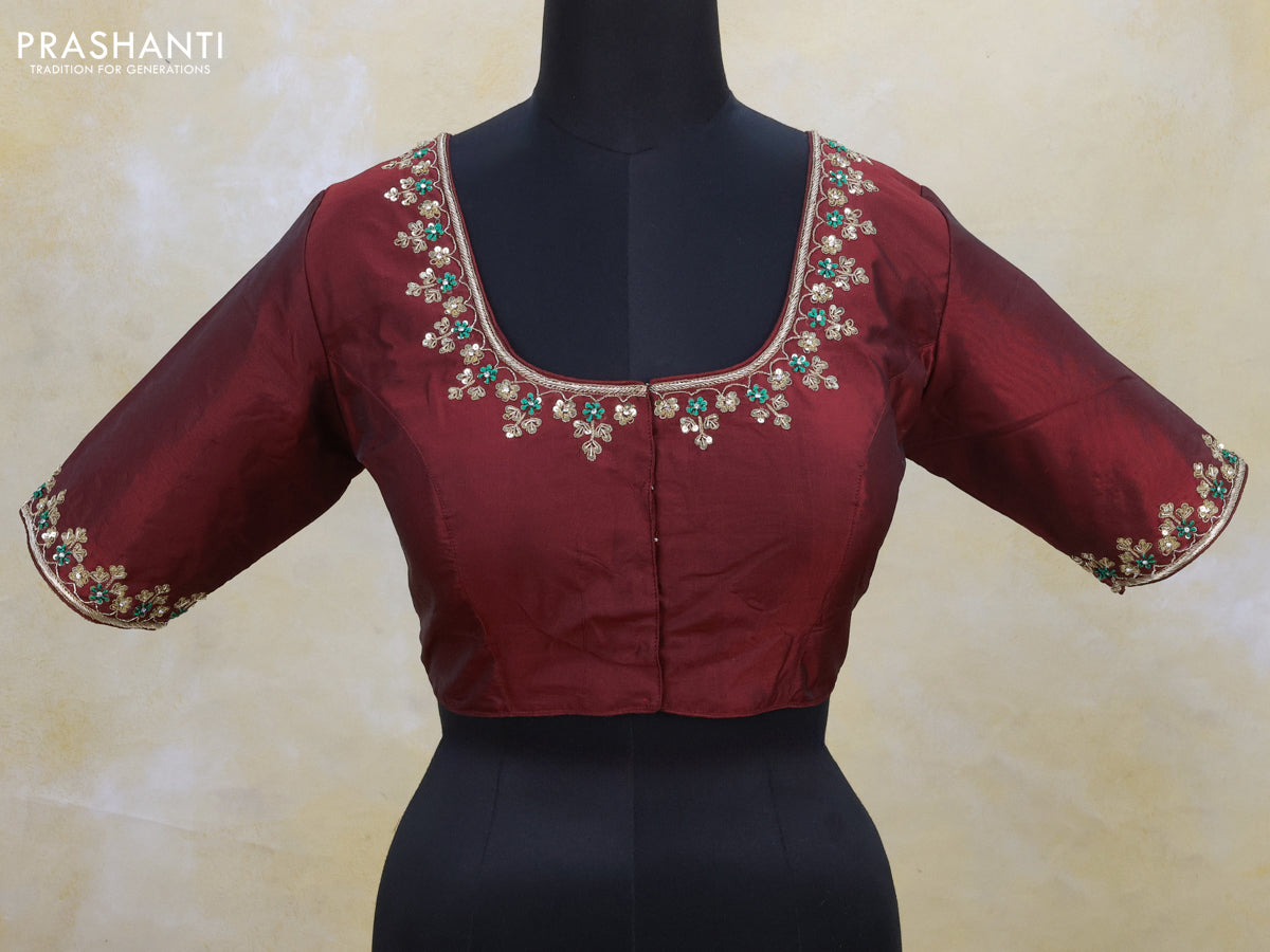 Silk readymade blouse maroon with zardosi work and back knot