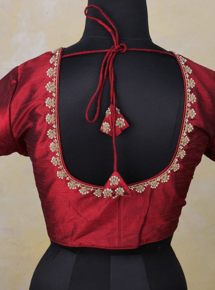 Raw silk readymade blouse maroon with zardosi work and back knot
