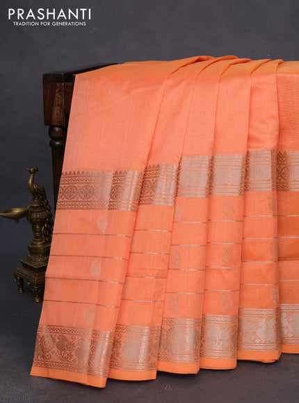 Mangalgiri silk cotton saree orange with plain body and long silver zari checked butta border