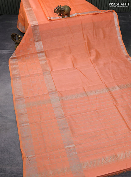 Mangalgiri silk cotton saree orange with plain body and long silver zari checked butta border