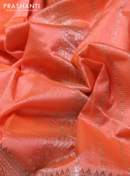 Mangalgiri silk cotton saree orange with plain body and long silver zari checked butta border