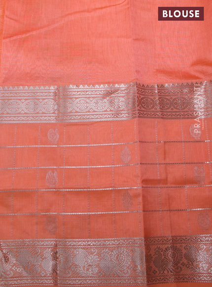 Mangalgiri silk cotton saree orange with plain body and long silver zari checked butta border