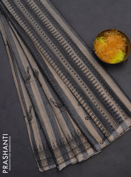 Narayanpet cotton block printed saree beige grey with allover stripe pattern & bird butta prints and printed border