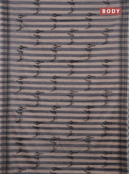 Narayanpet cotton block printed saree beige grey with allover stripe pattern & bird butta prints and printed border