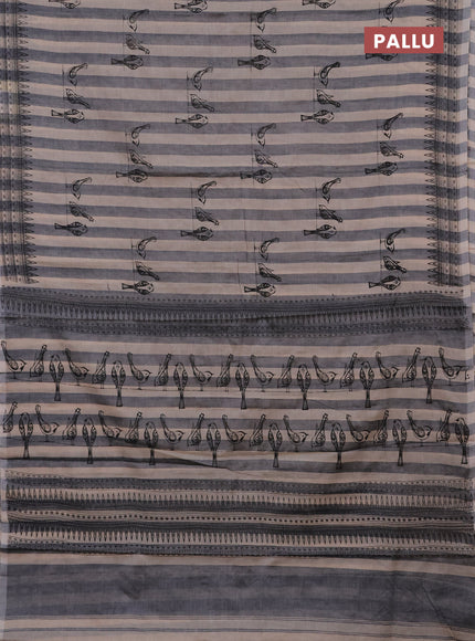 Narayanpet cotton block printed saree beige grey with allover stripe pattern & bird butta prints and printed border
