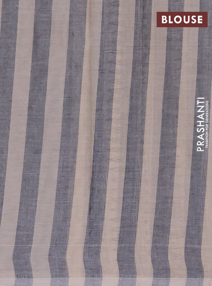 Narayanpet cotton block printed saree beige grey with allover stripe pattern & bird butta prints and printed border
