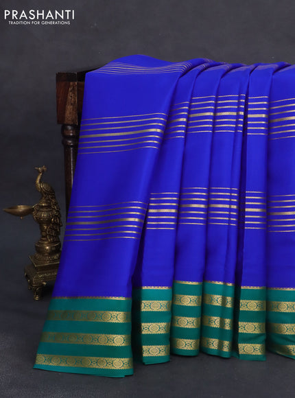 Pure mysore silk saree royal blue and green with allover zari stripes pattern and zari woven border
