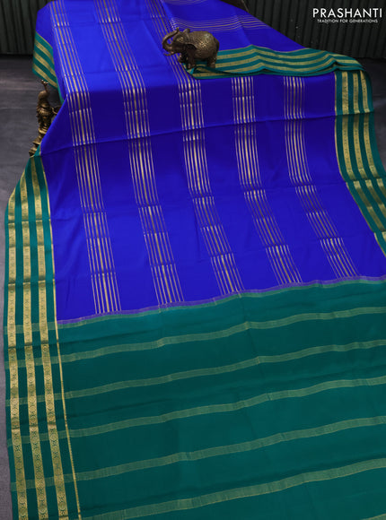 Pure mysore silk saree royal blue and green with allover zari stripes pattern and zari woven border