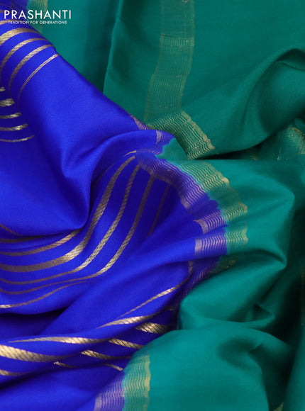 Pure mysore silk saree royal blue and green with allover zari stripes pattern and zari woven border