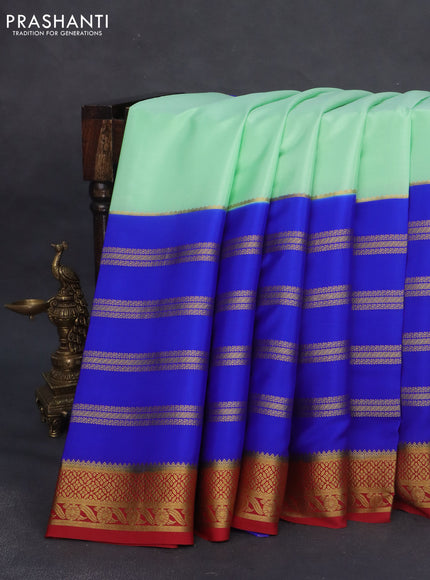 Pure mysore silk saree pastel green and blue red with plain body and rettapet zari woven border