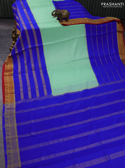 Pure mysore silk saree pastel green and blue red with plain body and rettapet zari woven border