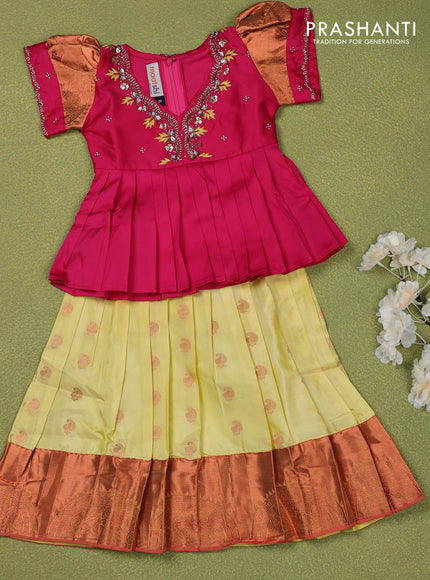 Pure silk kids lehenga pink and pale yellow with embroidery beads work neck pattern & puff sleeve and zari woven border for 0-6 months
