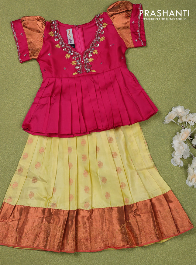 Pure silk kids lehenga pink and pale yellow with embroidery beads work neck pattern & puff sleeve and zari woven border for 0-6 months