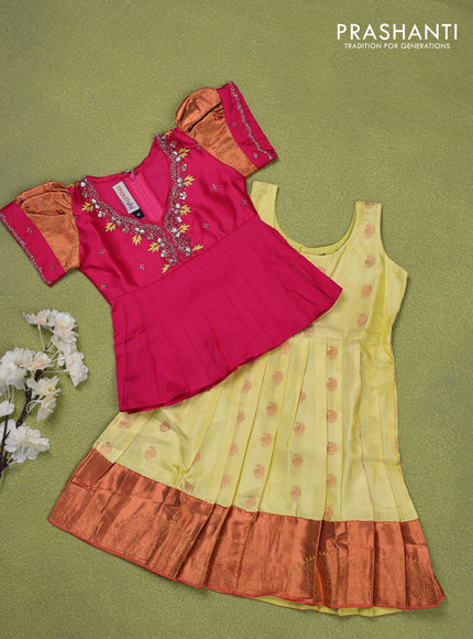 Pure silk kids lehenga pink and pale yellow with embroidery beads work neck pattern & puff sleeve and zari woven border for 0-6 months