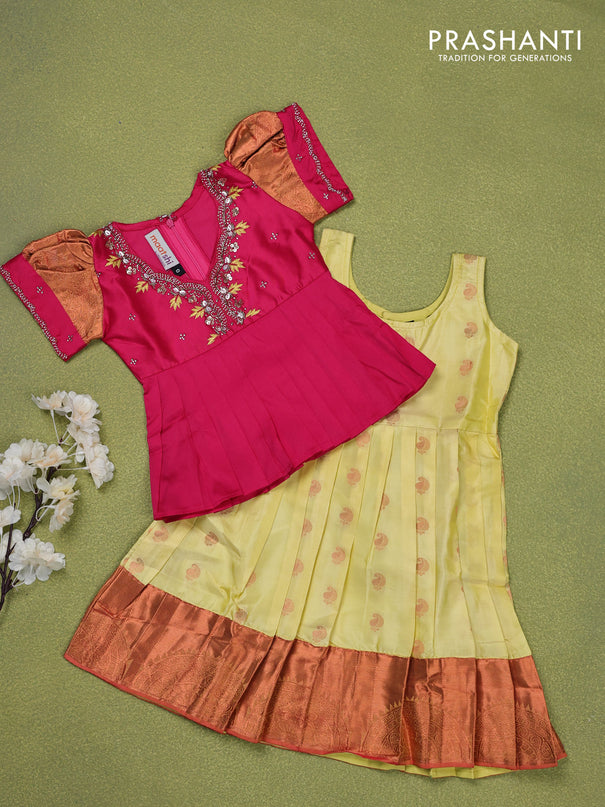 Pure silk kids lehenga pink and pale yellow with embroidery beads work neck pattern & puff sleeve and zari woven border for 0-6 months