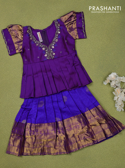 Pure silk kids lehenga violet and blue with embroidery beads work neck pattern & puff sleeve and zari woven border for 0-6 months