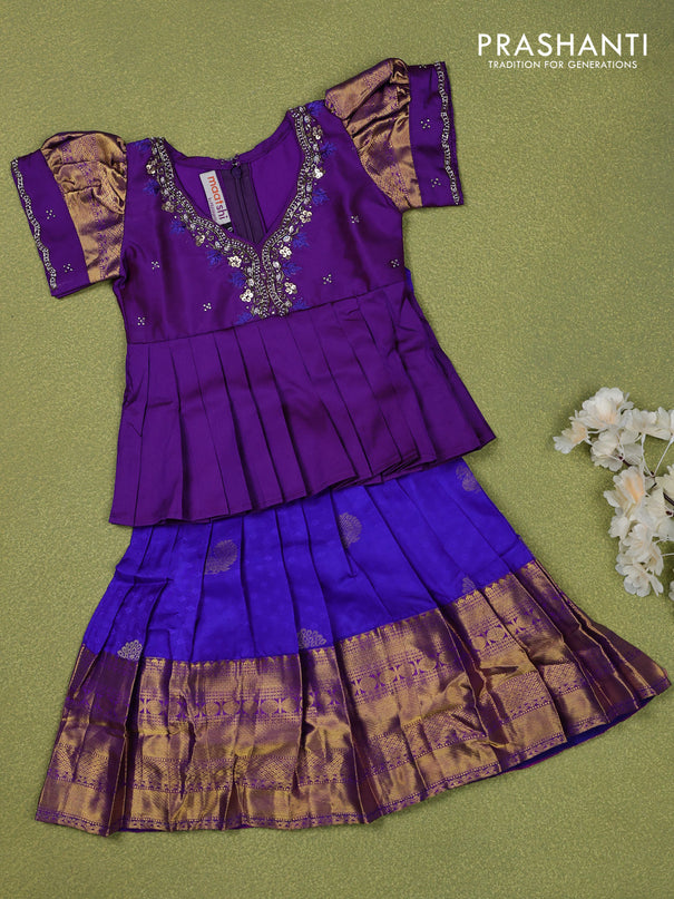 Pure silk kids lehenga violet and blue with embroidery beads work neck pattern & puff sleeve and zari woven border for 0-6 months