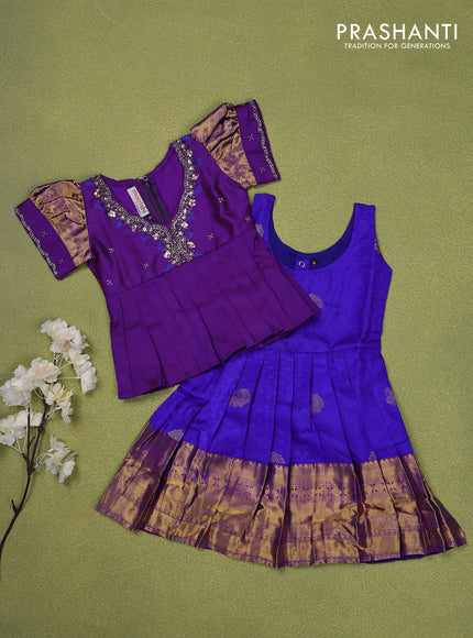 Pure silk kids lehenga violet and blue with embroidery beads work neck pattern & puff sleeve and zari woven border for 0-6 months