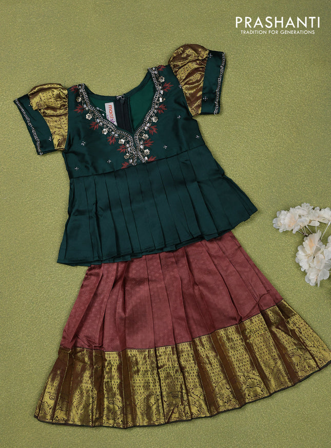 Pure silk kids lehenga bottle green and brown with embroidery beads work neck pattern & puff sleeve and zari woven border for 0-6 months