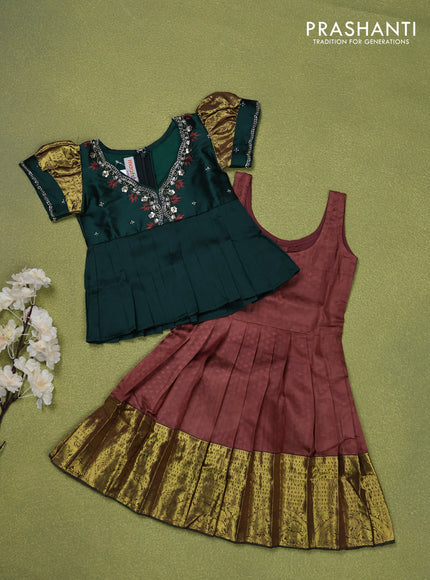 Pure silk kids lehenga bottle green and brown with embroidery beads work neck pattern & puff sleeve and zari woven border for 0-6 months
