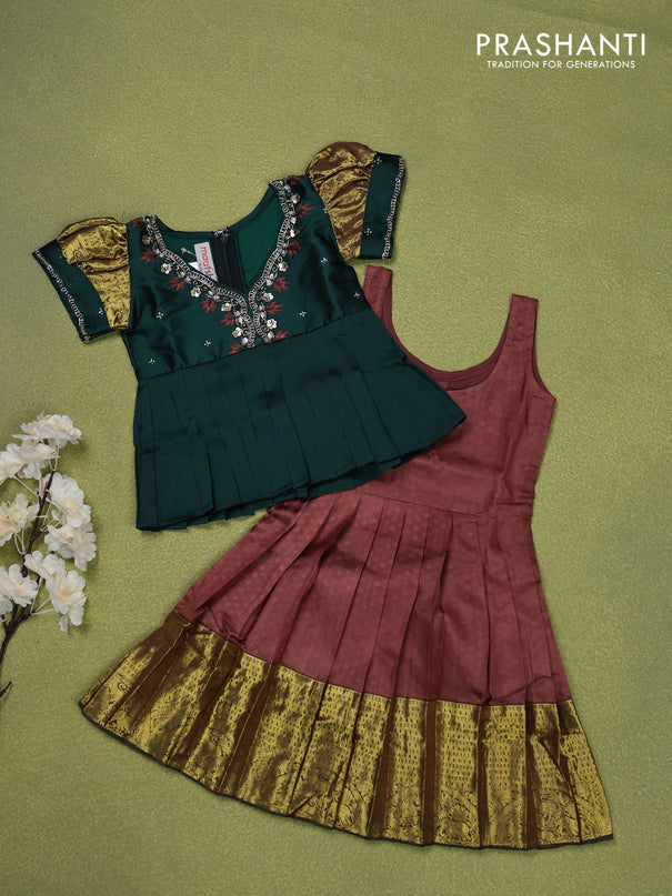 Pure silk kids lehenga bottle green and brown with embroidery beads work neck pattern & puff sleeve and zari woven border for 0-6 months