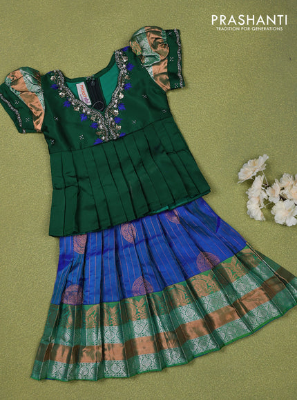 Pure silk kids lehenga green and dual shade of blue with embroidery beads work neck pattern & puff sleeve and zari woven border for 0-6 months
