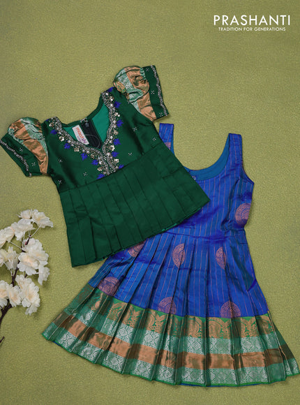Pure silk kids lehenga green and dual shade of blue with embroidery beads work neck pattern & puff sleeve and zari woven border for 0-6 months
