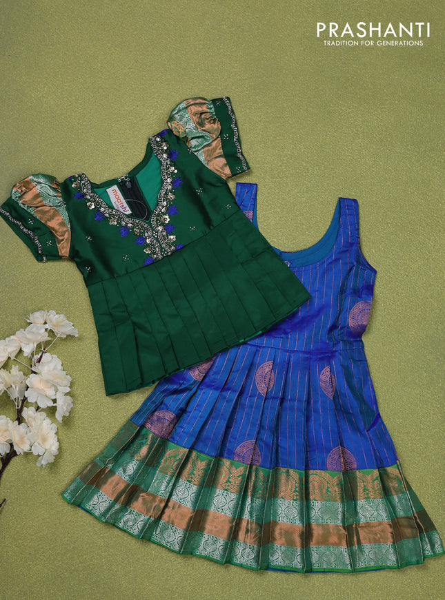 Pure silk kids lehenga green and dual shade of blue with embroidery beads work neck pattern & puff sleeve and zari woven border for 0-6 months