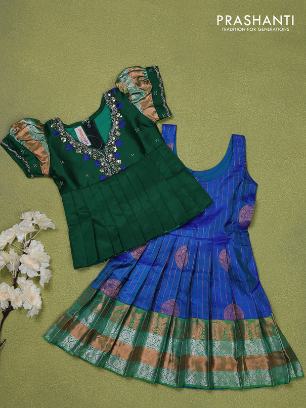 Pure silk kids lehenga green and dual shade of blue with embroidery beads work neck pattern & puff sleeve and zari woven border for 0-6 months