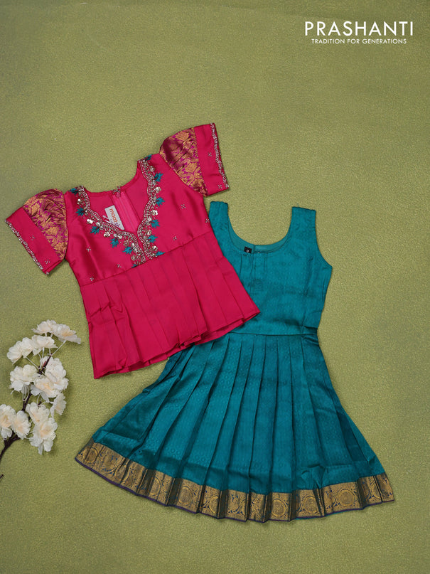 Pure silk kids lehenga pink and teal green with embroidery beads work neck pattern & puff sleeve and zari woven border for 0-6 months