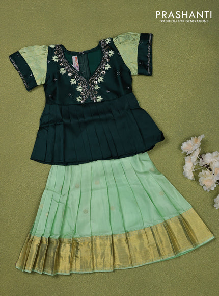 Pure silk kids lehenga bottle green and pastel green with embroidery beads work neck pattern & puff sleeve and zari woven border for 0-6 months