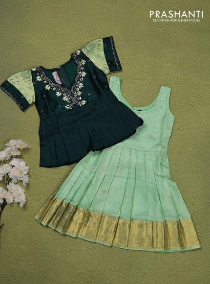 Pure silk kids lehenga bottle green and pastel green with embroidery beads work neck pattern & puff sleeve and zari woven border for 0-6 months