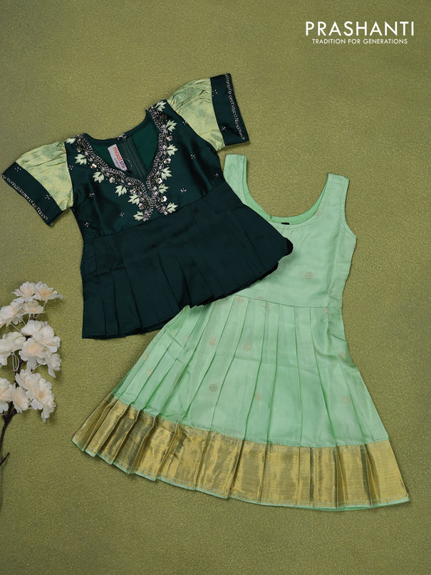 Pure silk kids lehenga bottle green and pastel green with embroidery beads work neck pattern & puff sleeve and zari woven border for 0-6 months
