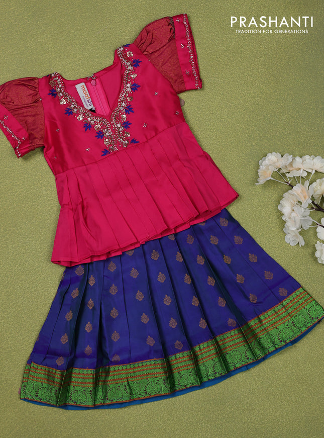 Pure silk kids lehenga pink and dual shade of blue with embroidery beads work neck pattern & puff sleeve and zari woven border for 0-6 months