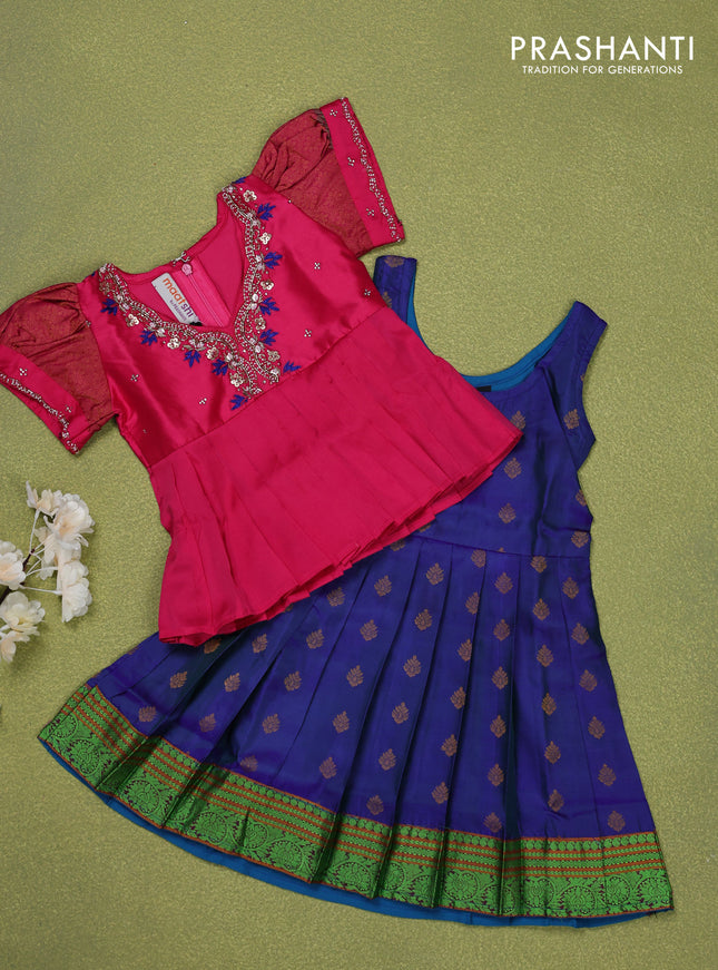 Pure silk kids lehenga pink and dual shade of blue with embroidery beads work neck pattern & puff sleeve and zari woven border for 0-6 months