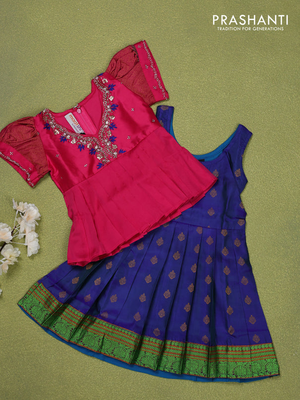 Pure silk kids lehenga pink and dual shade of blue with embroidery beads work neck pattern & puff sleeve and zari woven border for 0-6 months