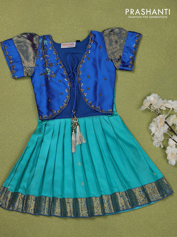 Pure silk kids lehenga cs blue and teal green with beaded work & coat type pattern and puff sleeve & zari woven border for 0-6 months