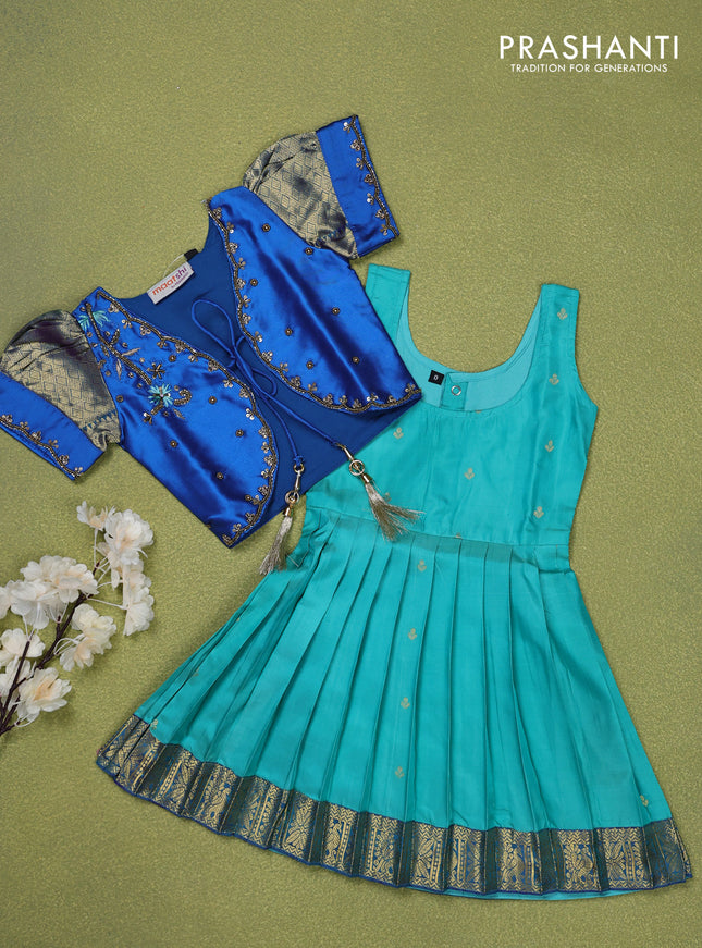 Pure silk kids lehenga cs blue and teal green with beaded work & coat type pattern and puff sleeve & zari woven border for 0-6 months