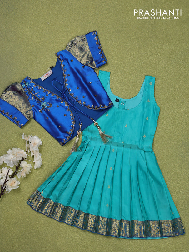 Pure silk kids lehenga cs blue and teal green with beaded work & coat type pattern and puff sleeve & zari woven border for 0-6 months