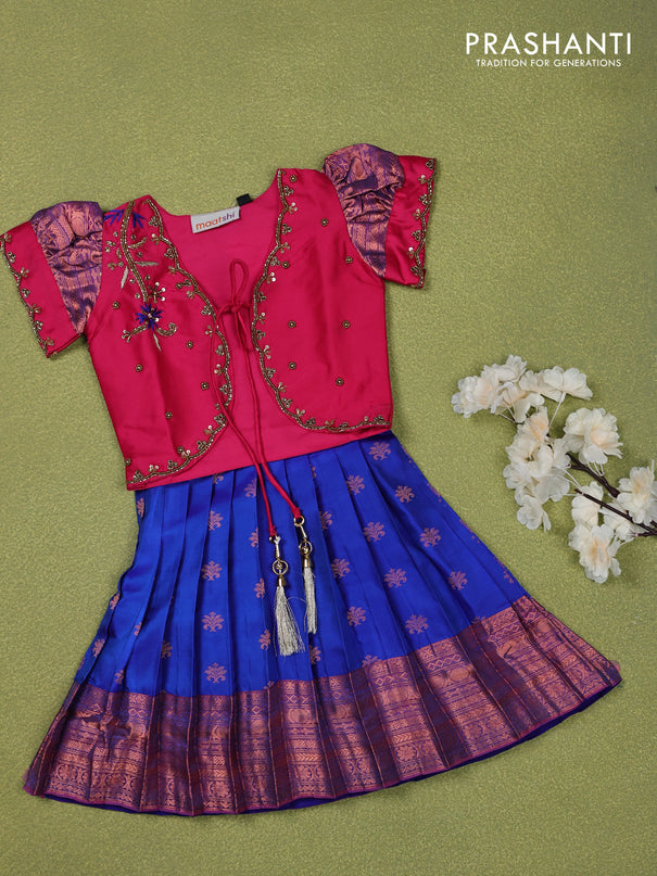 Pure silk kids lehenga pink and blue with beaded work & coat type pattern and puff sleeve & zari woven border for 0-6 months