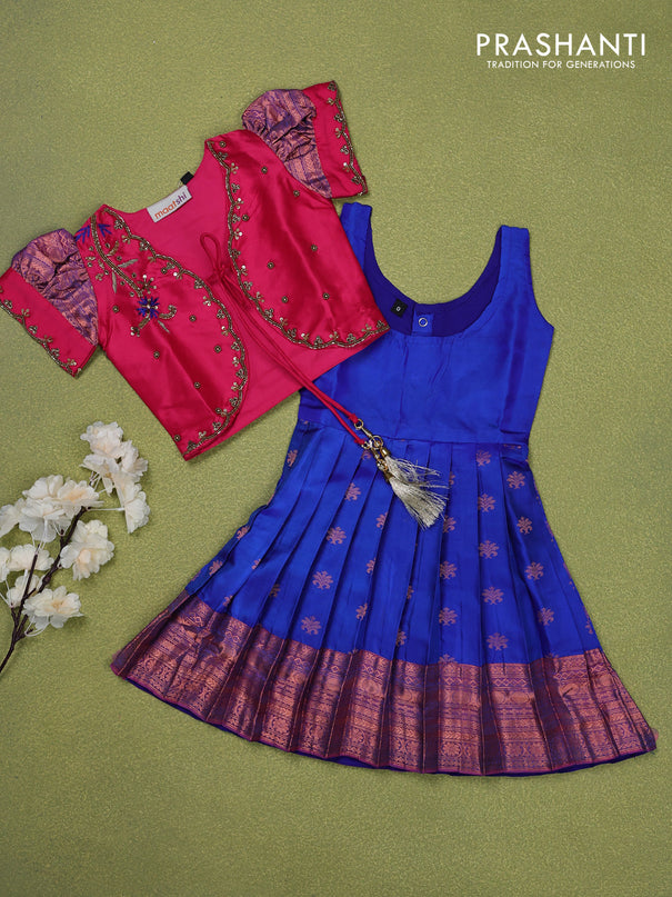 Pure silk kids lehenga pink and blue with beaded work & coat type pattern and puff sleeve & zari woven border for 0-6 months