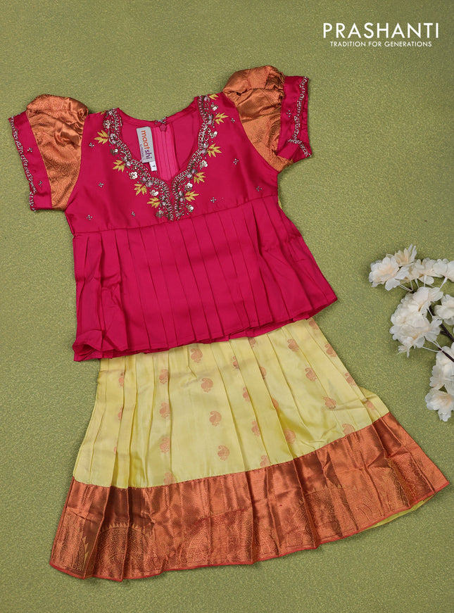 Pure silk kids lehenga pink and pale yellow with embroidery beads work neck pattern & puff sleeve and zari woven border for 1 year