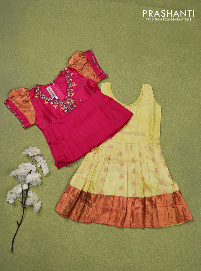 Pure silk kids lehenga pink and pale yellow with embroidery beads work neck pattern & puff sleeve and zari woven border for 1 year