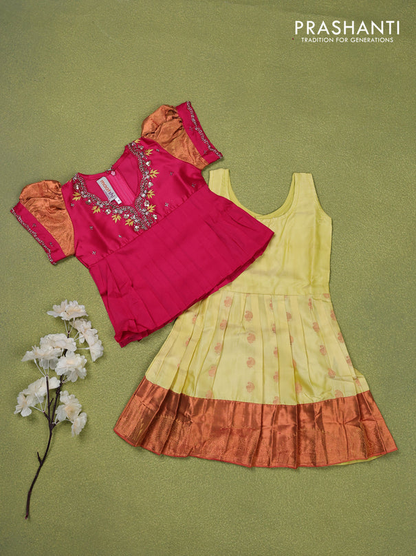 Pure silk kids lehenga pink and pale yellow with embroidery beads work neck pattern & puff sleeve and zari woven border for 1 year