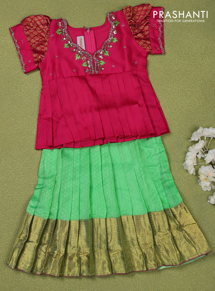 Pure silk kids lehenga pink and light green with embroidery beads work neck pattern & puff sleeve and zari woven border for 1 year