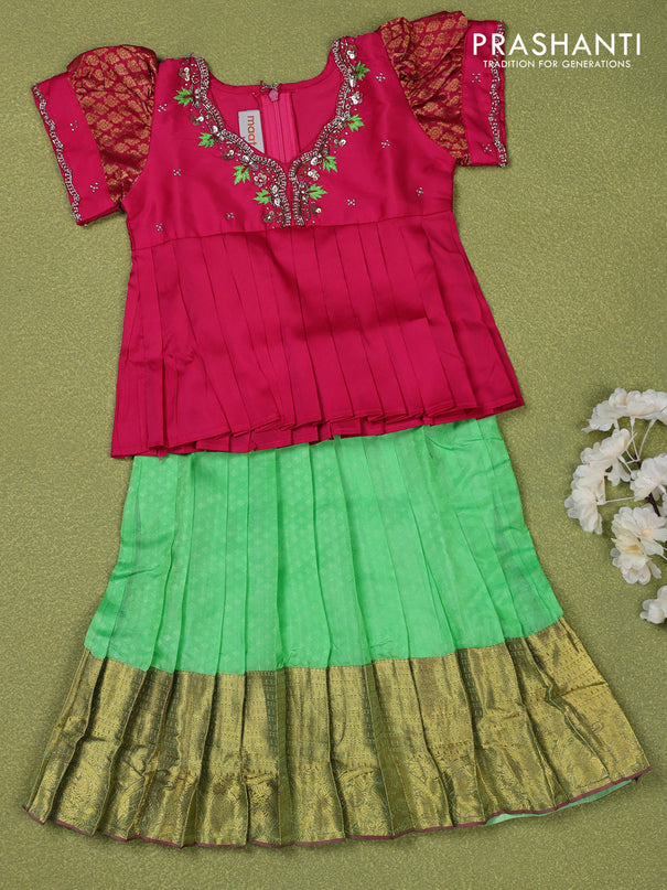 Pure silk kids lehenga pink and light green with embroidery beads work neck pattern & puff sleeve and zari woven border for 1 year