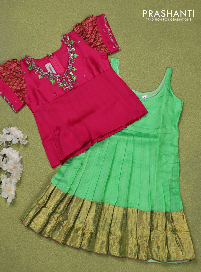 Pure silk kids lehenga pink and light green with embroidery beads work neck pattern & puff sleeve and zari woven border for 1 year