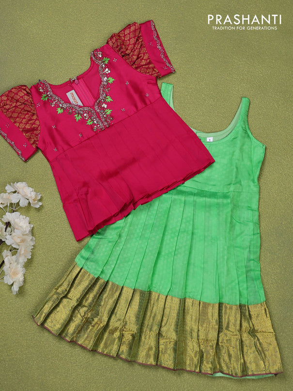 Pure silk kids lehenga pink and light green with embroidery beads work neck pattern & puff sleeve and zari woven border for 1 year
