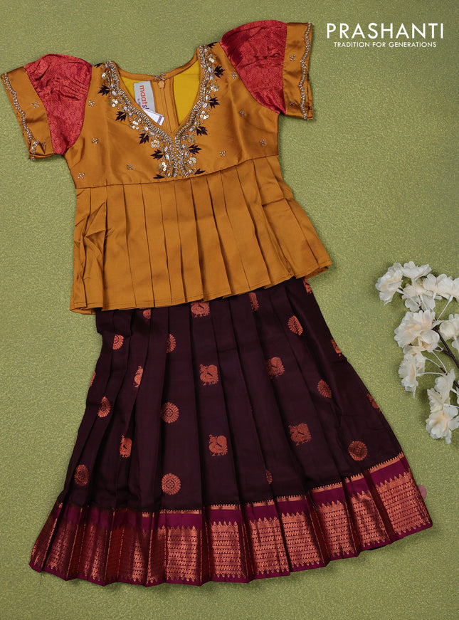 Pure silk kids lehenga mustard shade and brown with embroidery beads work neck pattern & puff sleeve and zari woven border for 1 year